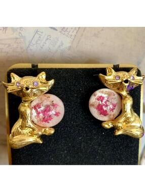 Botanical Feline Pink Pressed Real Flower Adorable Earrings